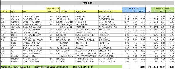 Power Supply Parts List, version 0.3
